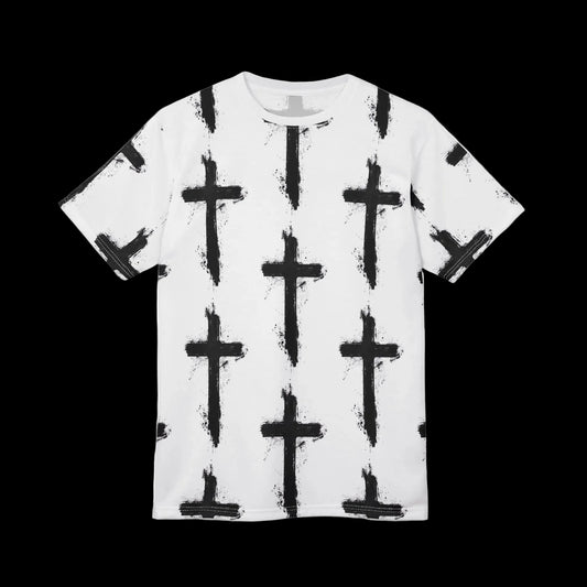 WHITE ON BLACK CROSS - (AOP) TEE